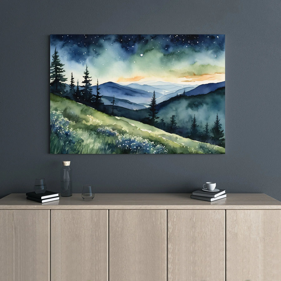 Watercolor Mountain Landscape Canvas | Starry Night Forest Wall Art | Premium 1.25 Inch Gallery Wrap | Serene Nature Decor For Living Room