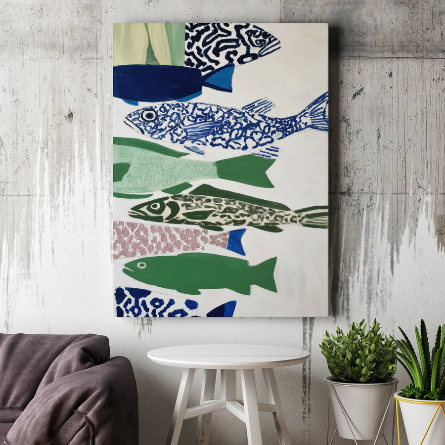 Abstract Fish Canvas Art | Modern Folk Art Fish School Print | Premium Gallery Wrapped Canvas | Coastal Kitchen & Living Room Decor Gift