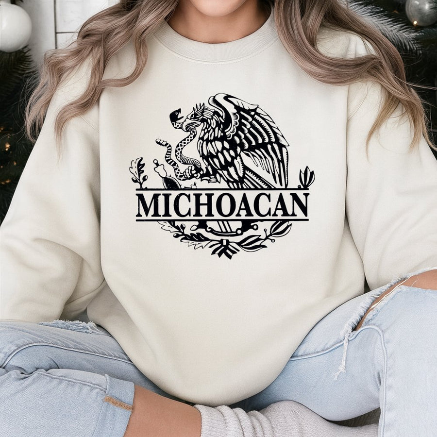 Michoacan Sweatshirt | Mexican Eagle Coat of Arms Graphic | Premium Cotton Blend Crewneck | Cultural Heritage Pride Gift for Men and Women