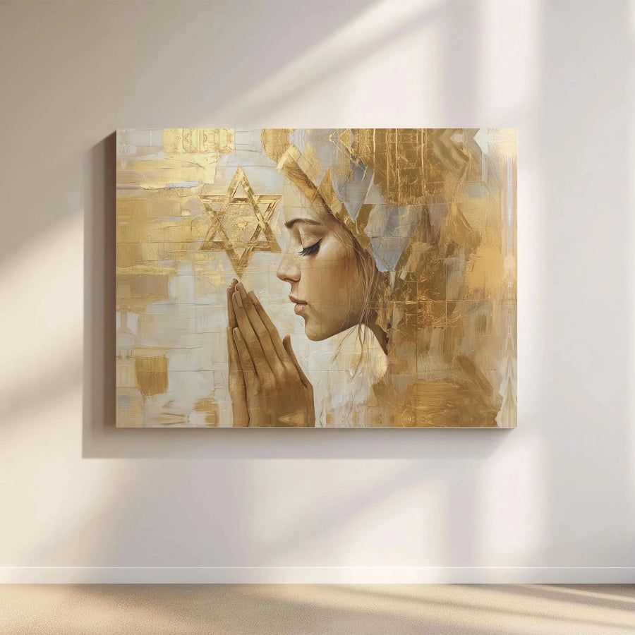 Jewish Star of David Wall Art | Praying Woman Gold Foil Aesthetic | Premium Gallery-Wrapped Canvas | Religious Home Decor Gift