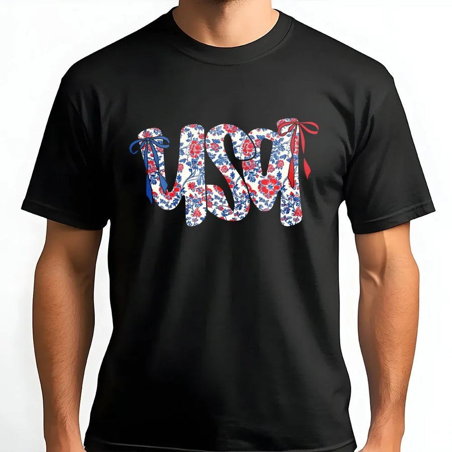 USA Floral Coquette T-Shirt | Patriotic Bow Graphic Print | Premium Soft Cotton | 4th of July Independence Day Gift for Women
