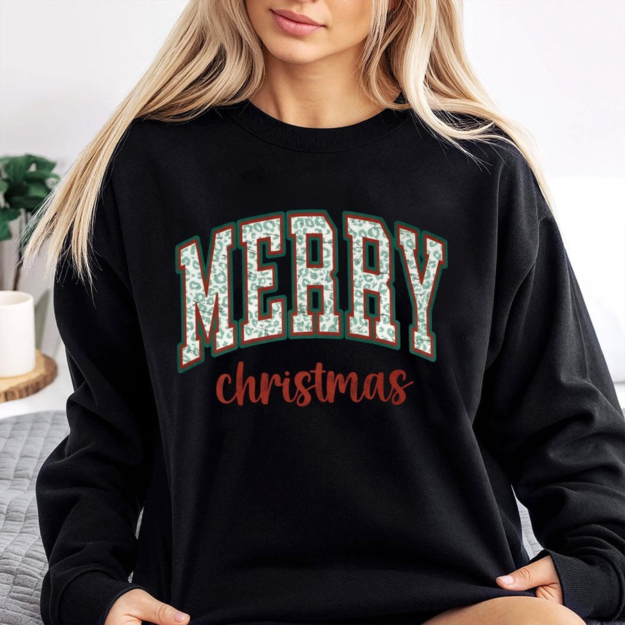 Merry Christmas Sweatshirt | Retro Leopard Print Holiday Graphic | Premium Cotton Blend Crewneck | Unisex Festive Winter Gift For Her