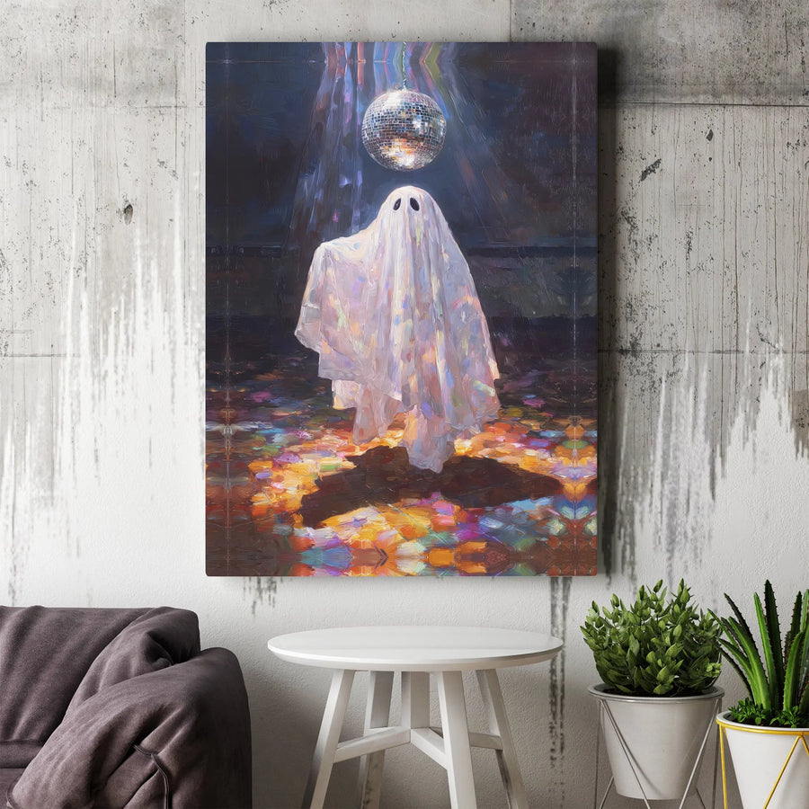 Disco Ghost Canvas Print | Spooky Aesthetic Disco Ball Oil Painting | Premium Gallery Wrap Wall Art | Trendy Halloween Home Decor