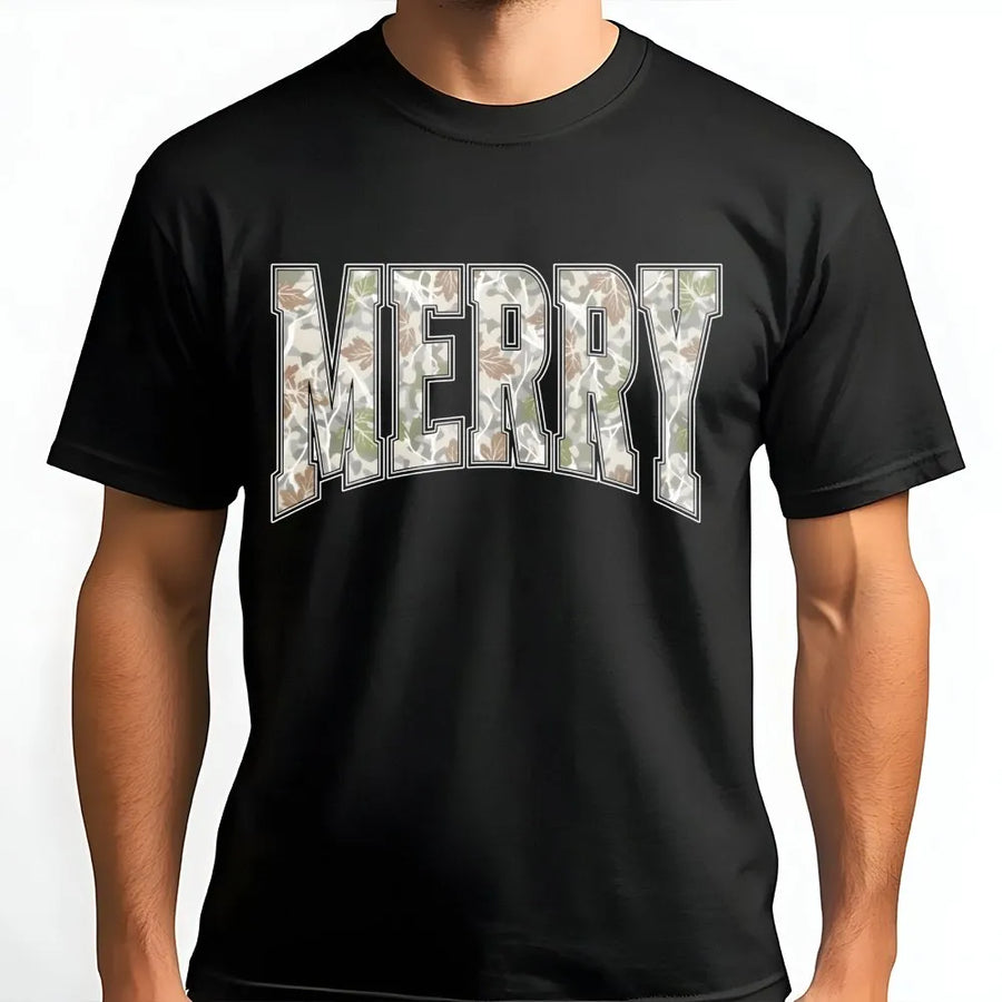 Merry Christmas Camo T-Shirt | Varsity Letter Leaf Pattern Design | Premium Soft Cotton Tee | Festive Holiday Gift for Men and Women