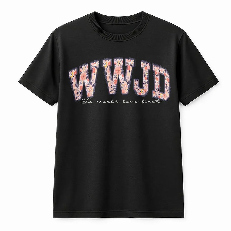 WWJD Christian T-Shirt | Aesthetic Floral Varsity Letters Design | Premium Cotton | What Would Jesus Do Faith Gift for Women