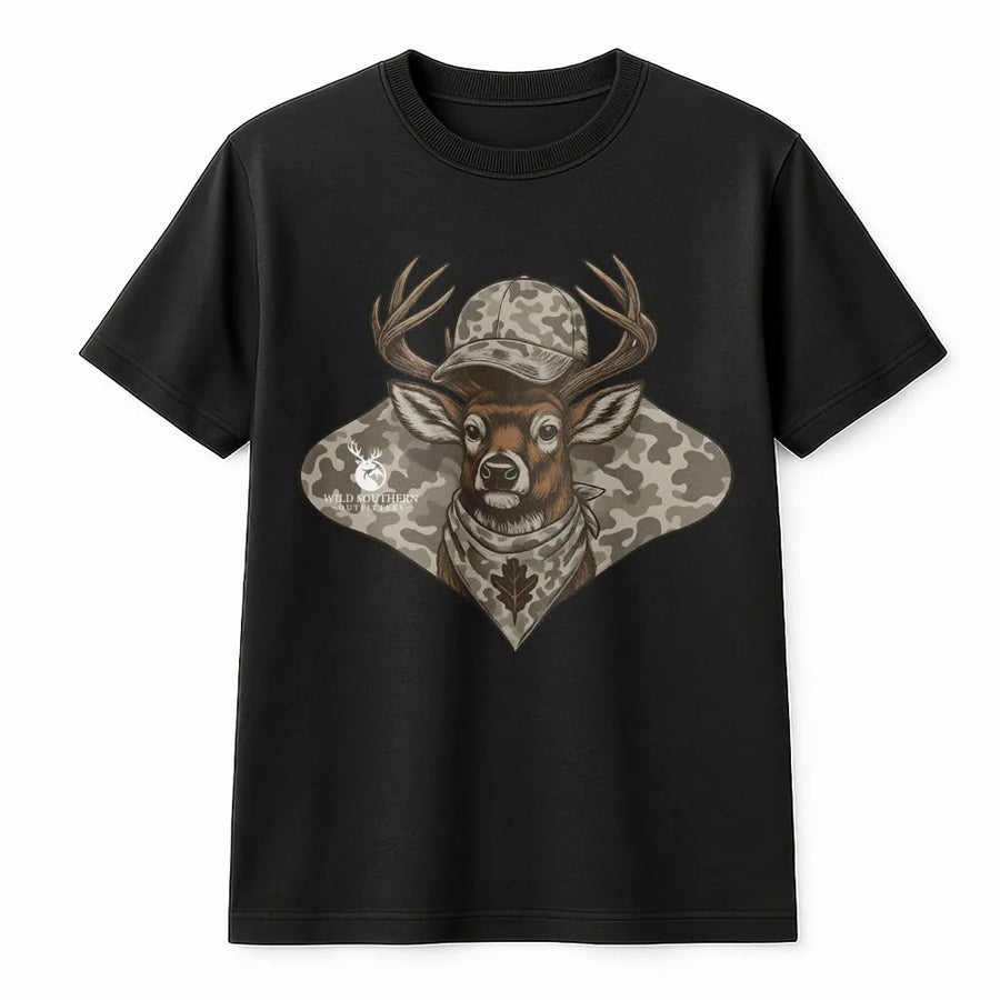 Hunting Deer T-Shirt | Camo Cap Antler Graphic | Premium Cotton Unisex Tee | Outdoorsman Gift for Hunters and Wildlife Enthusiasts