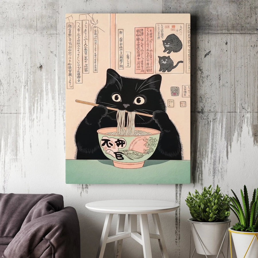 Japanese Ukiyo-E Black Cat Ramen Art Print | Vintage Style Ramen Cat Poster | Premium Gallery Wrap Canvas | Unique Kitchen Wall Decor Gift