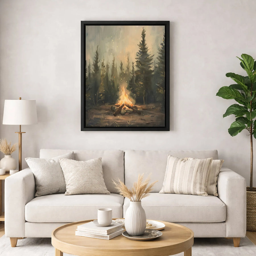 Campfire Forest Wall Art | Misty Pine Tree Landscape Painting | Premium Gallery Wrap Canvas | Rustic Cozy Cabin Decor Gift for Nature Lovers