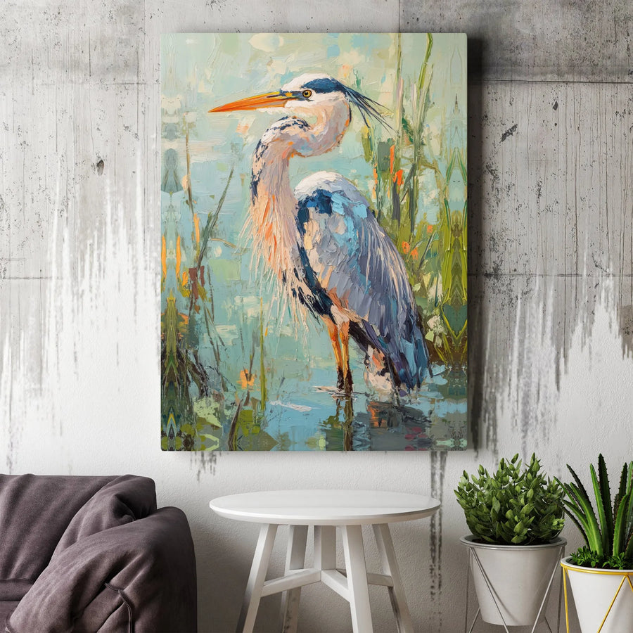 Great Blue Heron Canvas Wall Art | Impressionistic Bird Oil Painting Style | Premium Gallery Wrap | Nature Home Decor Gift