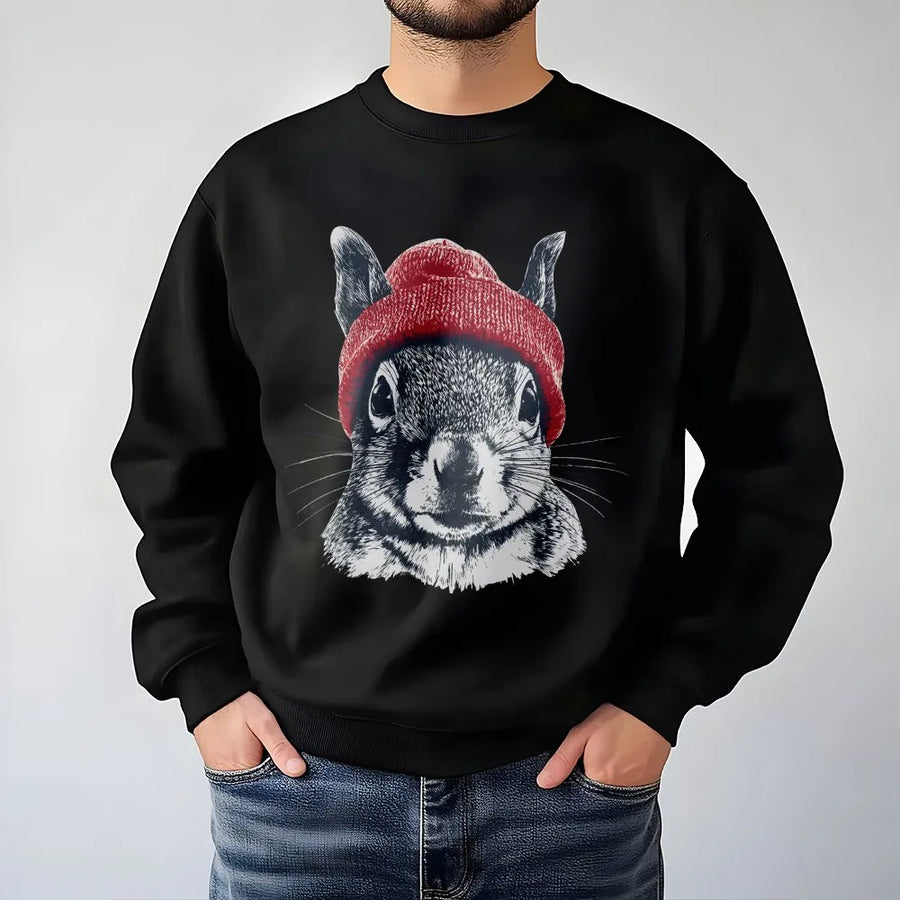 Squirrel Sweatshirt | Retro Wildlife Art with Red Beanie | Cozy Cotton Blend Pullover | Gift for Animal Lover