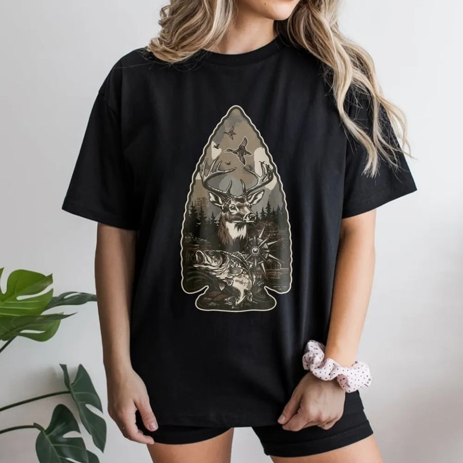 Hunting Season T-Shirt | Arrowhead Graphic with Deer, Bass & Ducks | Soft Cotton-Blend Sweatshirt | Premium Outdoorsman Gift