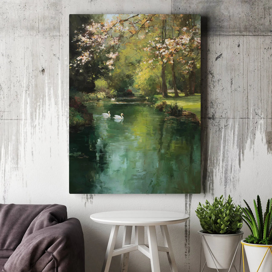 Swan Lake Canvas Print | Impressionist Spring Landscape | Premium Gallery Wrap Canvas | Living Room & Bedroom Wall Decor Gift