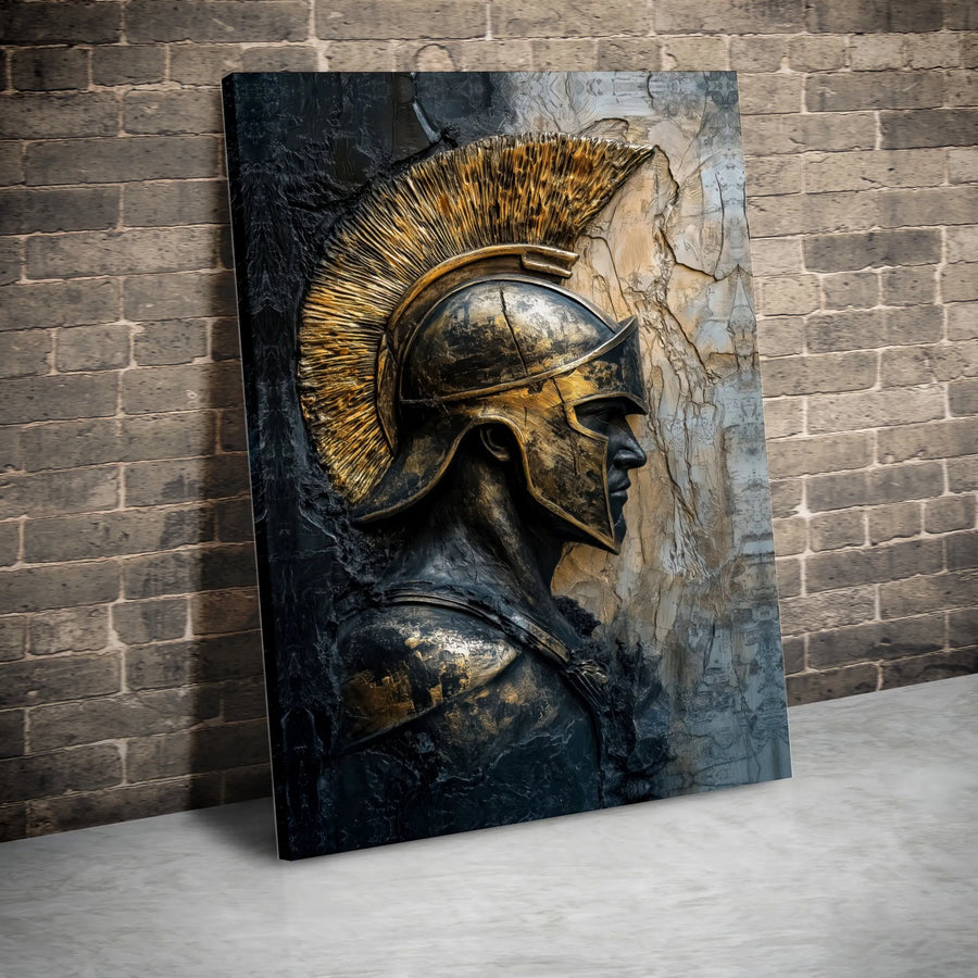 Spartan Warrior Canvas Wall Art | Gold Corinthian Helmet Relief Texture | Premium Fade-Resistant Print | Masculine Home & Office Decor Gift