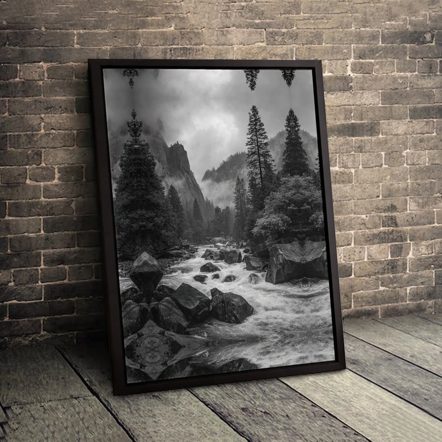Black and White River Landscape Canvas | Moody Forest Mountain Wall Art | Premium Gallery-Wrapped Print | Modern Nature Home Decor Gift