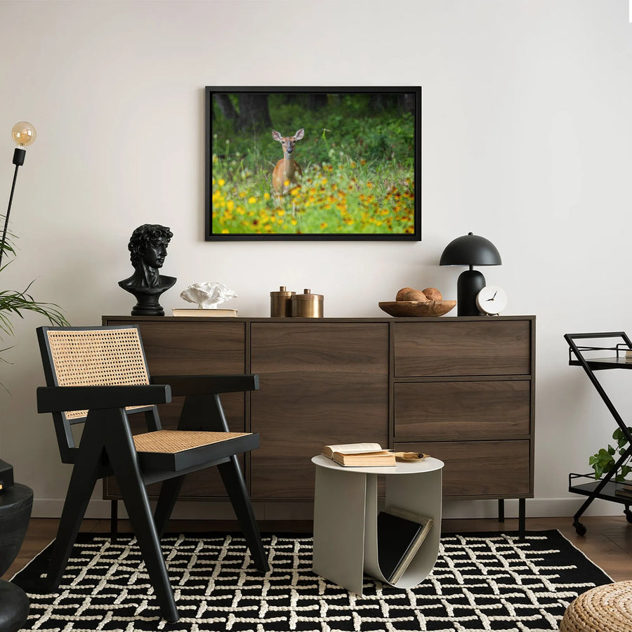 Whitetail Deer Canvas Wall Art | Yellow Wildflowers Meadow Photography | Premium Gallery-Wrapped Print | Wildlife Nature Home Decor Gift