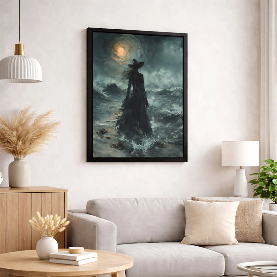 Gothic Witch Canvas Wall Art | Moody Stormy Sea Oil Painting Style | Premium Gallery Wrap | Dark Academia Home Decor Gift