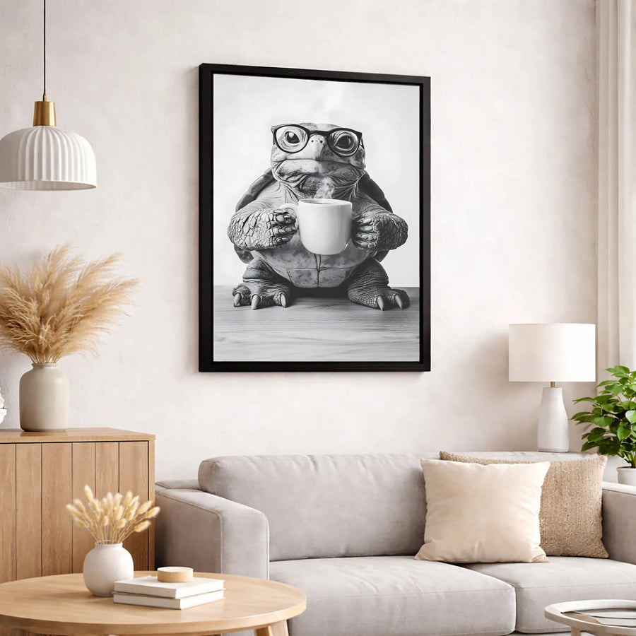 Tortoise With Glasses Canvas Print | Whimsical Animal Drinking Coffee Wall Art | Premium 1.25" Gallery Wrap | Unique Office & Home Decor Gift
