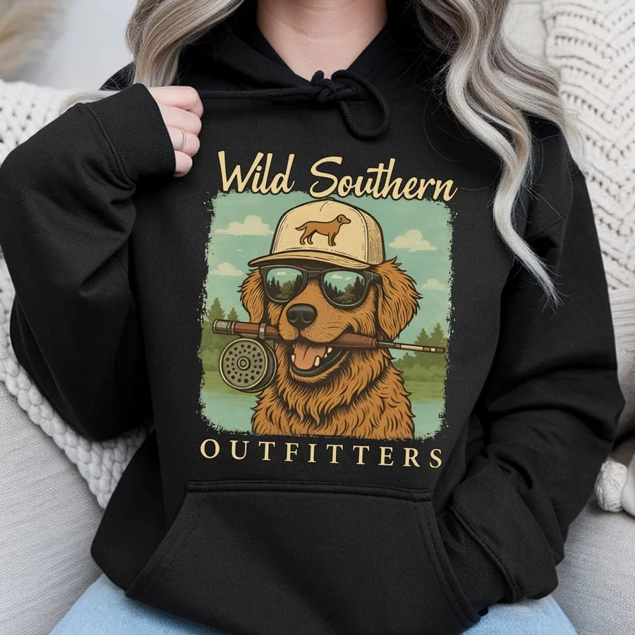 Fishing Dog Graphic Hoodie | Golden Retriever Fly Fishing Design | Premium Unisex Cotton Blend | Funny Outdoor Gift for Fisherman Angler