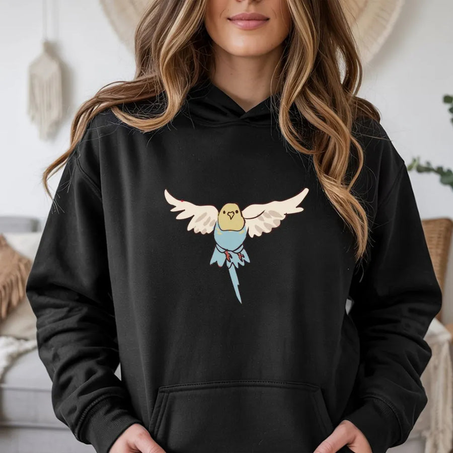 Flying Budgie Hoodie | Cute Parakeet Bird Illustration | Premium Cotton Blend | Gift For Bird Lovers & Pet Owners