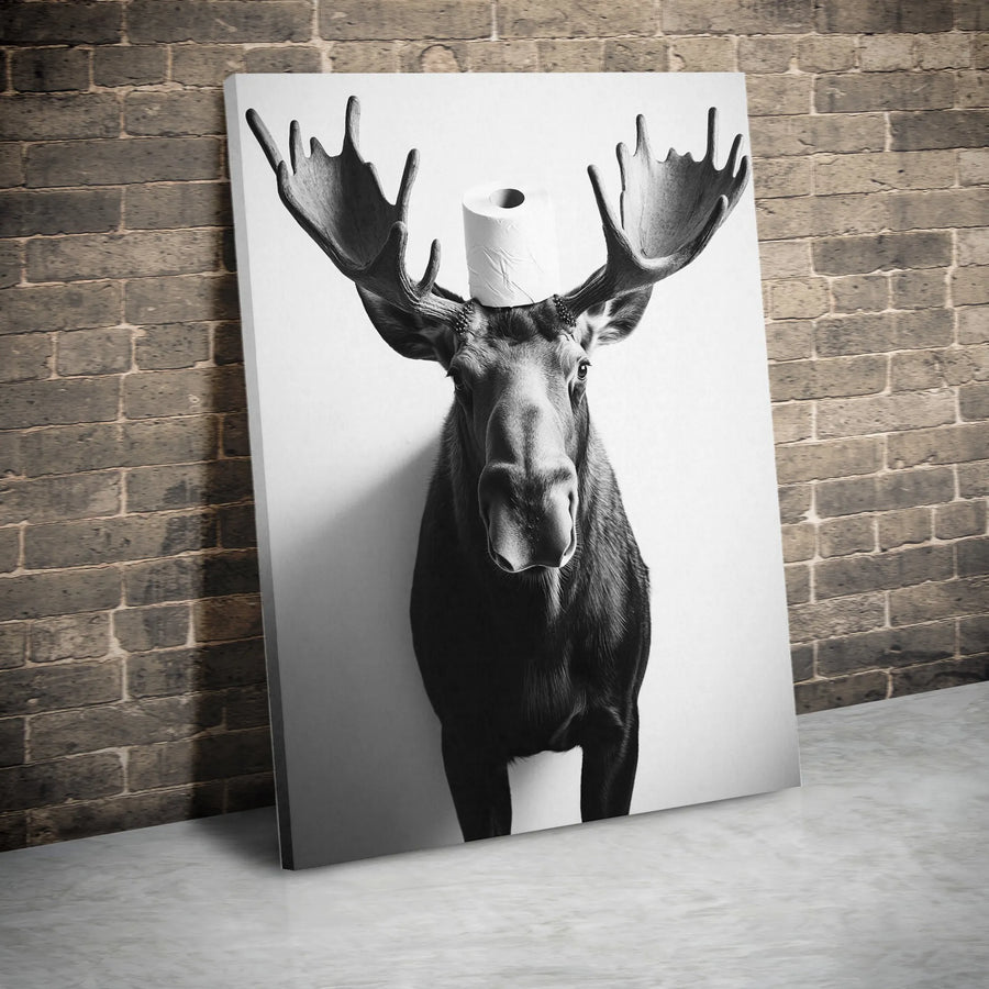 Funny Moose Wall Art | Black and White Bathroom Decor | Premium 1.25 Inch Gallery Canvas | Whimsical Animal Print for Home or Office Gift