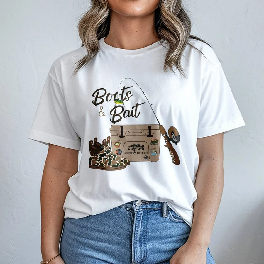 Boots And Bait Fishing T-Shirt | Country Style Bass Fishing Graphic | Premium Soft Cotton Tee | Gift For Anglers And Lake Lovers