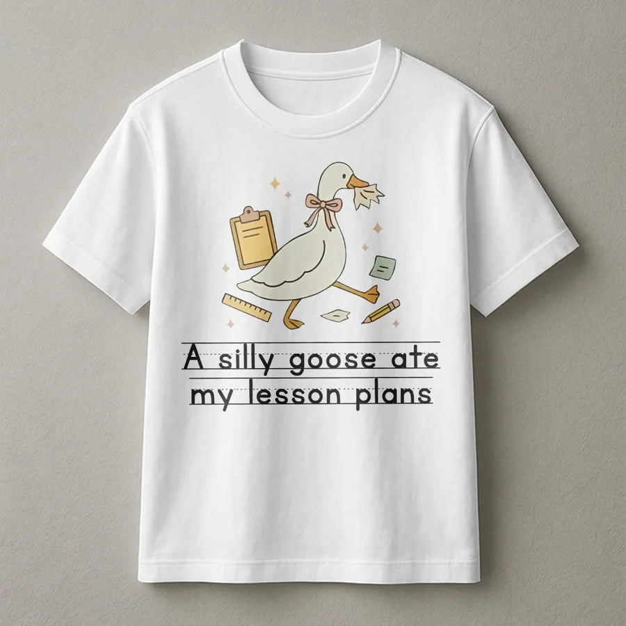Silly Goose Teacher T-Shirt | Funny 'Ate My Lesson Plans' Graphic | Cozy Unisex Crewneck | Back to School & Appreciation Gift for Teachers