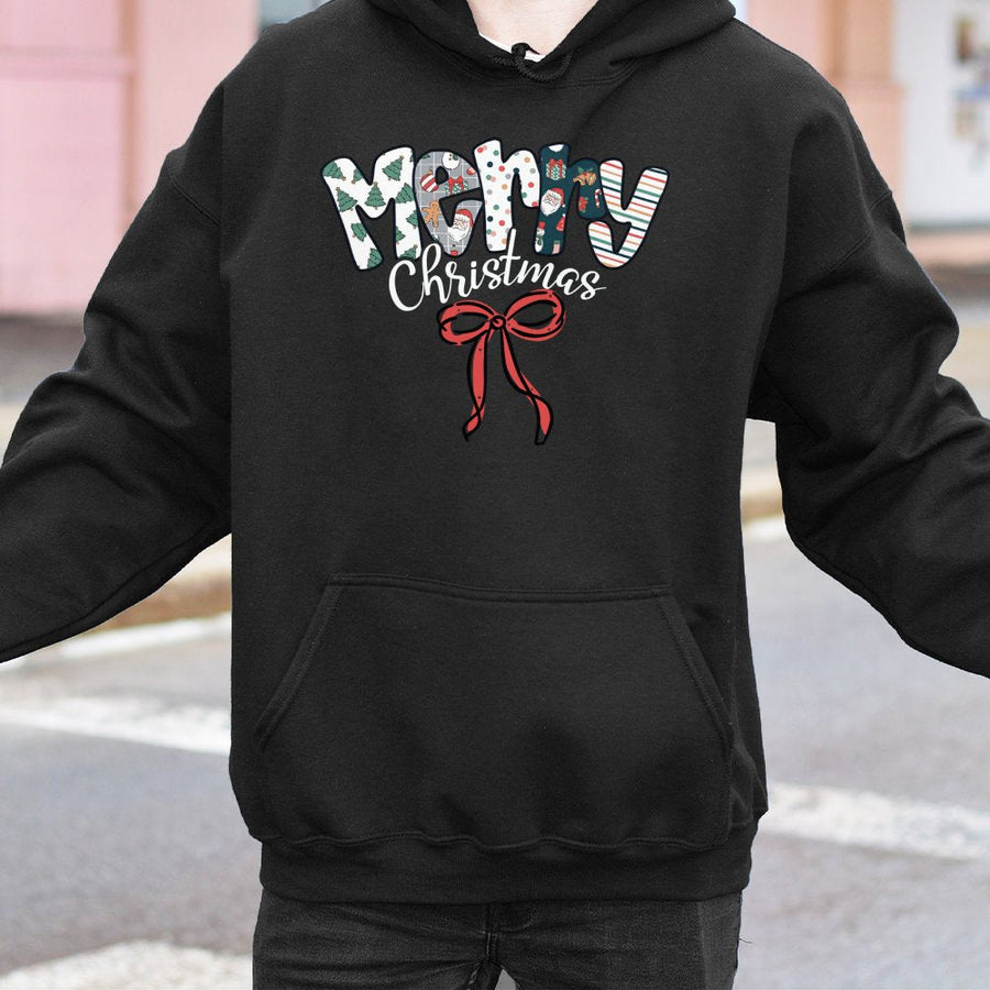 Merry Christmas Hoodie | Festive Patterned Lettering Design | Soft Cotton-Polyester Blend | Cozy Holiday Gift for Women and Men