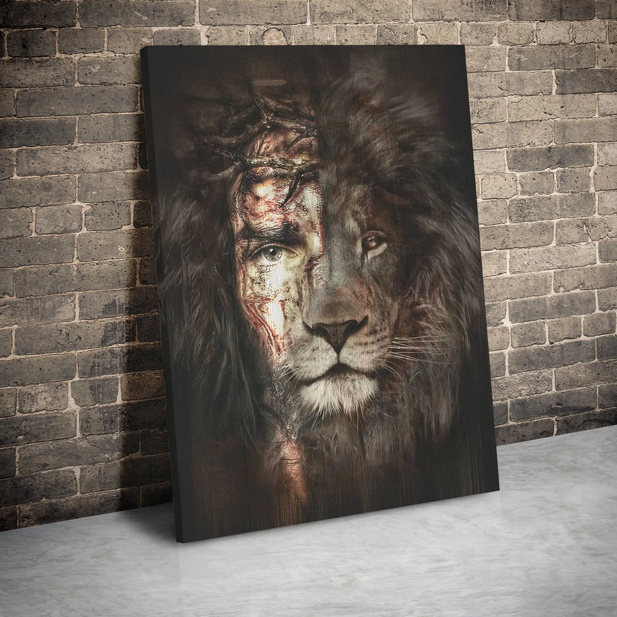Jesus and Lion of Judah Canvas Art | Dual Face Crown of Thorns Portrait | Premium Gallery Wrap Wall Decor | Christian Religious Home Gift