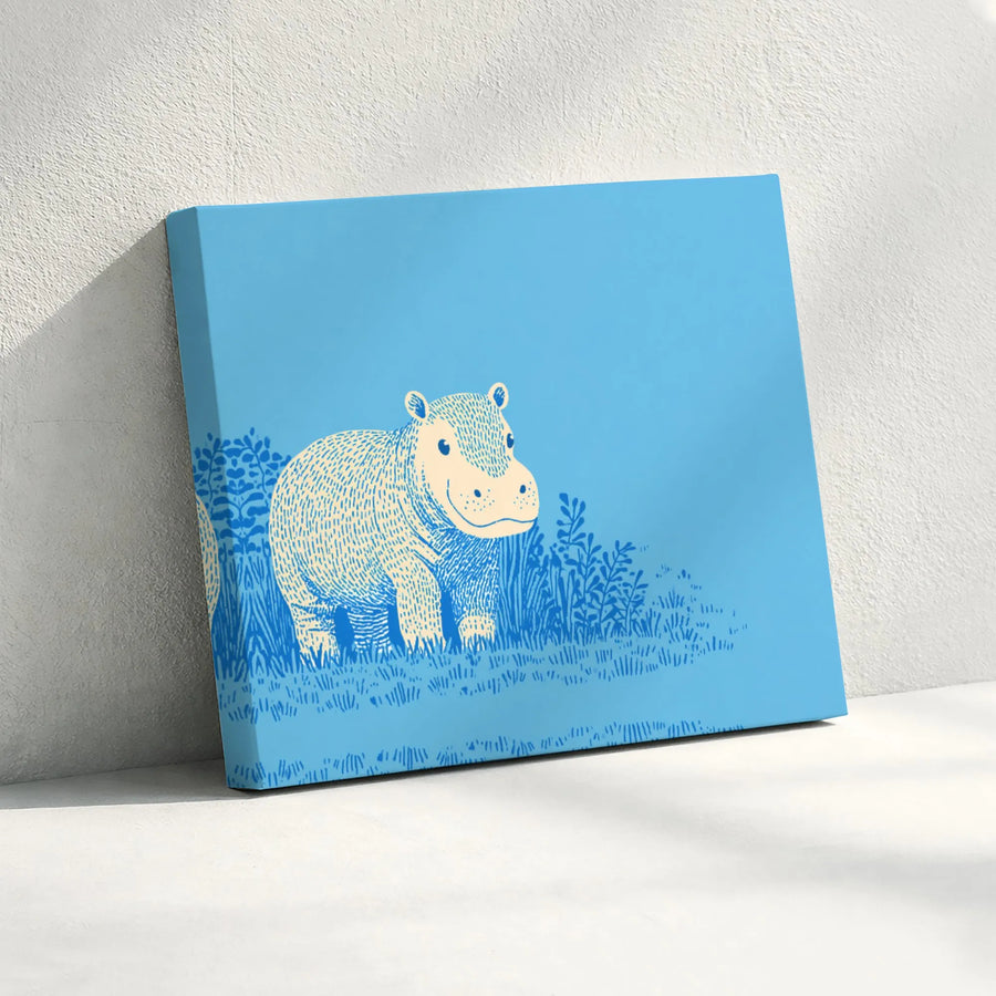 Baby Hippo Canvas Wall Art | Two-Tone Modern Illustration | Premium Gallery Wrapped Print | Cute Nursery Decor & Kids Room Gift
