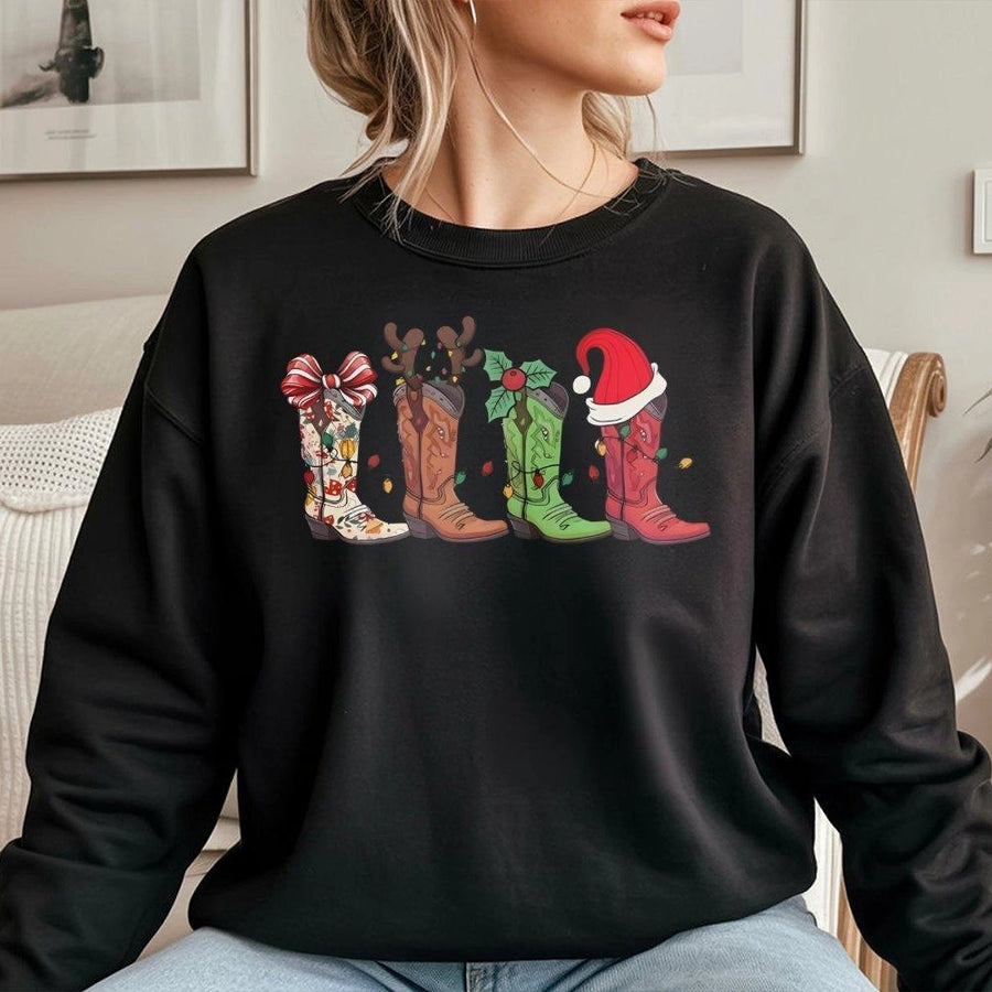 Cowboy Boot Christmas Sweatshirt | Festive Western Holiday Graphic | Premium Cotton-Blend Comfort | Cute Cowgirl Country Winter Gift Idea