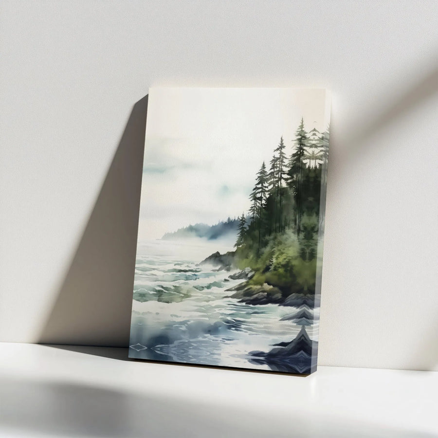 Misty Coastal Forest Canvas Wall Art | Watercolor Pacific Northwest Landscape Print | 1.25” Gallery Wrap | Serene Nature Home Decor Gift