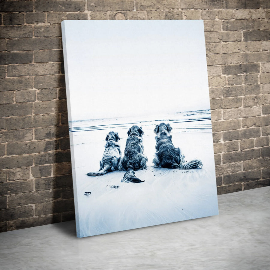 Three Dogs Beach Canvas Print | Artistic Coastal Puppy Wall Art | Premium Gallery Wrapped Decor | Gift for Dog Lovers & Pet Owners