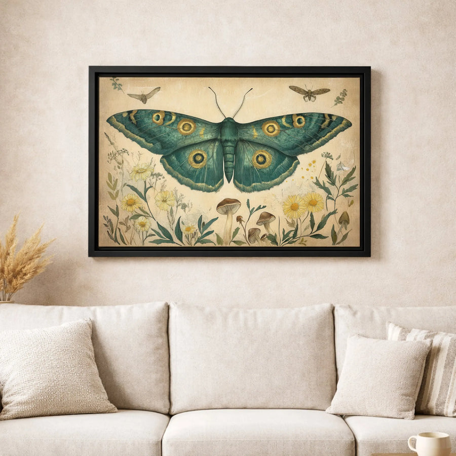 Emperor Moth Canvas Wall Art | Vintage Botanical Mushroom Illustration | Premium Gallery Wrapped Print | Nature Lover Home Decor Gift