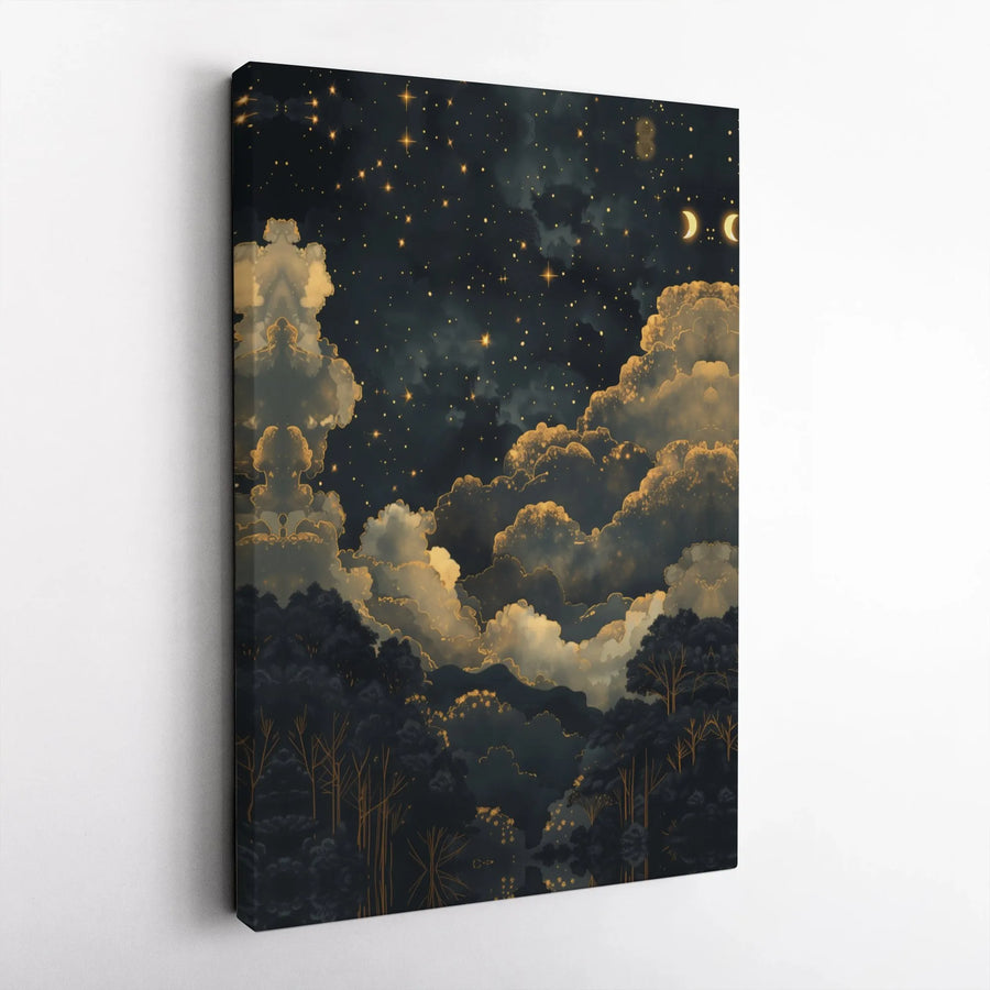 Celestial Night Sky Canvas Wall Art | Golden Clouds Forest Landscape | Gallery-Quality 1.25" Profile | Premium Home Decor Gift for Bedroom