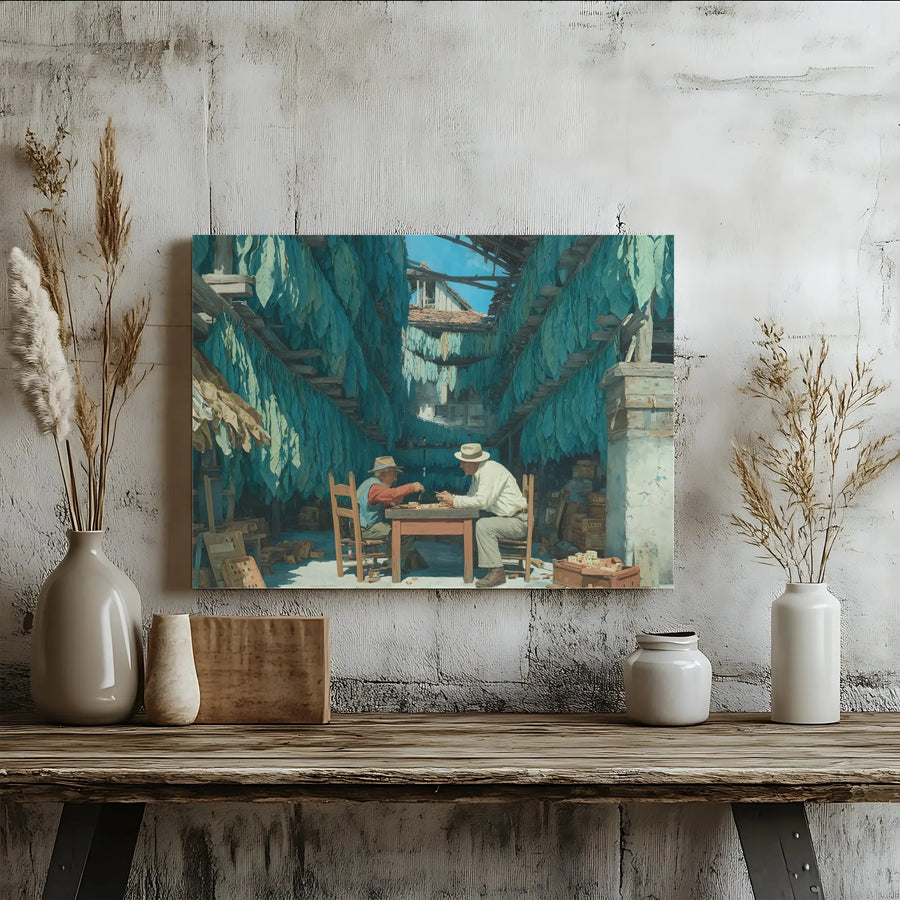 Cuban Tobacco Farmers Canvas Art | Domino Players in Rustic Barn Painting | Premium Gallery Wrap Print | Man Cave Decor Gift for Cigar Lover