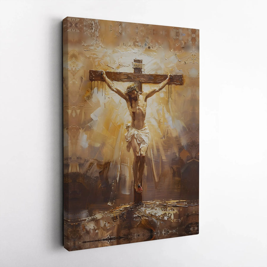 Crucifixion of Jesus Canvas Wall Art | Impasto Oil Style Religious Print | Premium Gallery Wrap | Christian Home Decor Gift for Believers