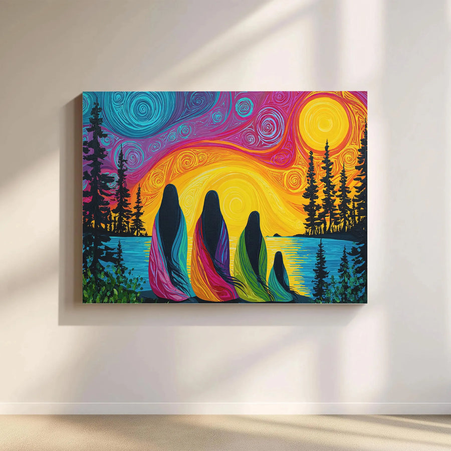 Indigenous Women Canvas Art | Vibrant Four Sisters Sunset Print | Gallery Quality Canvas Print | Premium Spiritual Home Decor Gift