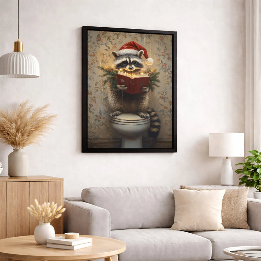 Christmas Raccoon Wall Art | Funny Toilet Reader Canvas Print | Premium Gallery Wrap Decor | Quirky Holiday Bathroom Gift for Animal Lovers