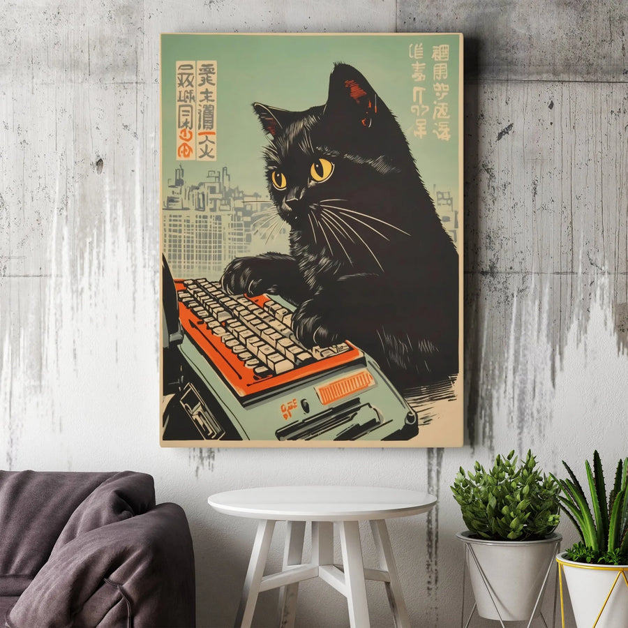 Black Cat Typing Canvas Print | Japanese Ukiyo-E Retro Aesthetic | Gallery-Quality 1.25-Inch Profile | Quirky Office Art & Cat Lover Gift