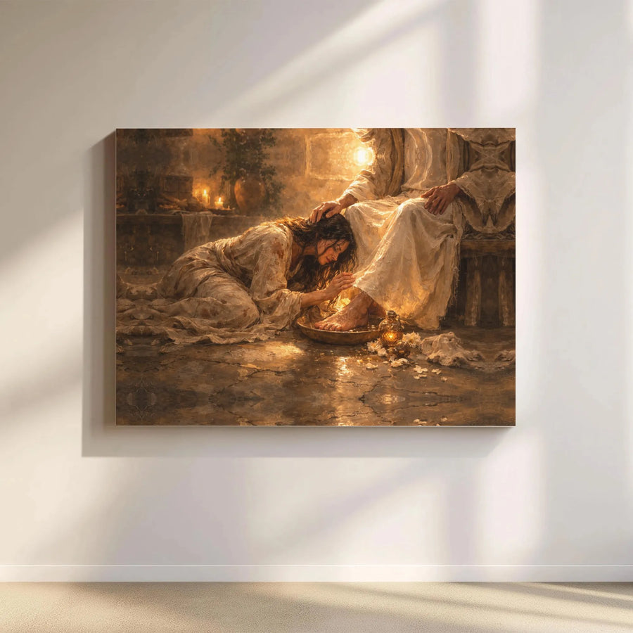 Jesus Washing Feet Canvas Art | Mary Magdalene & Christ Bible Scene | Premium Gallery Wrapped Print | Christian Home Decor Religious Gift