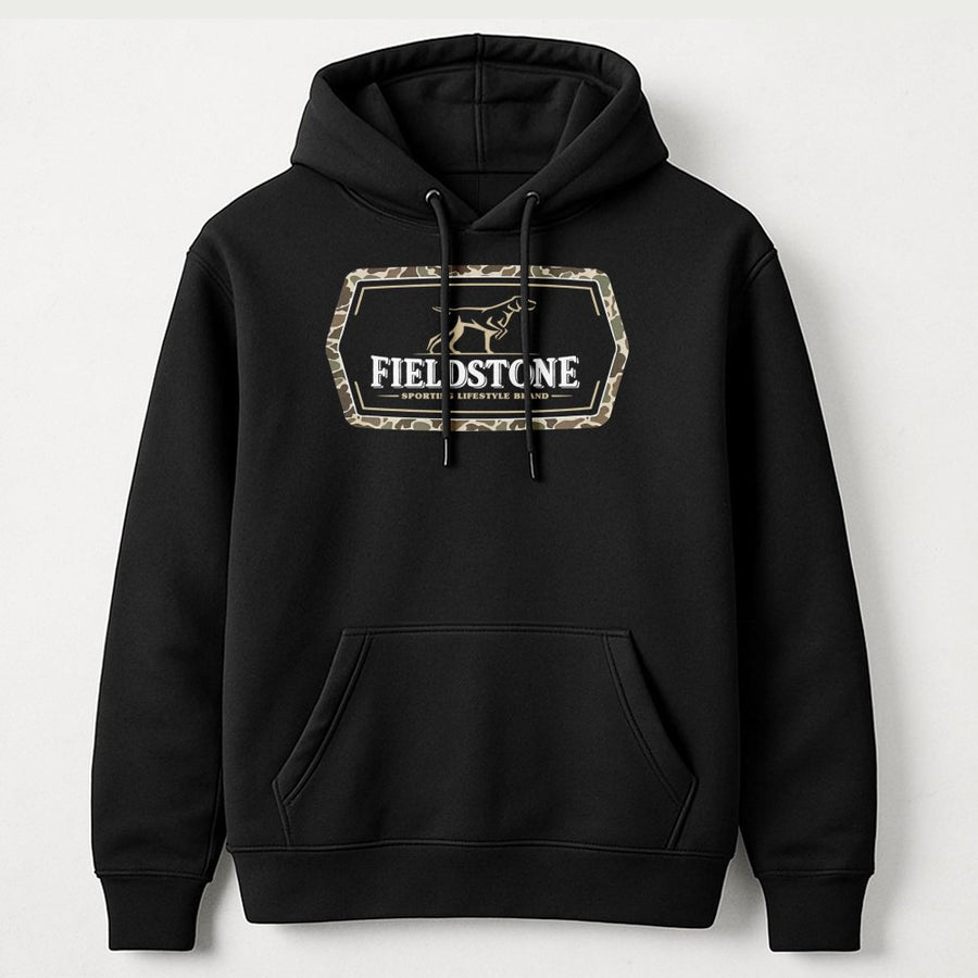 Fieldstone Hunting Hoodie | Camo Logo Sporting Graphic | Premium Cotton Blend | Gift For Outdoorsmen Ranchers And Country Life