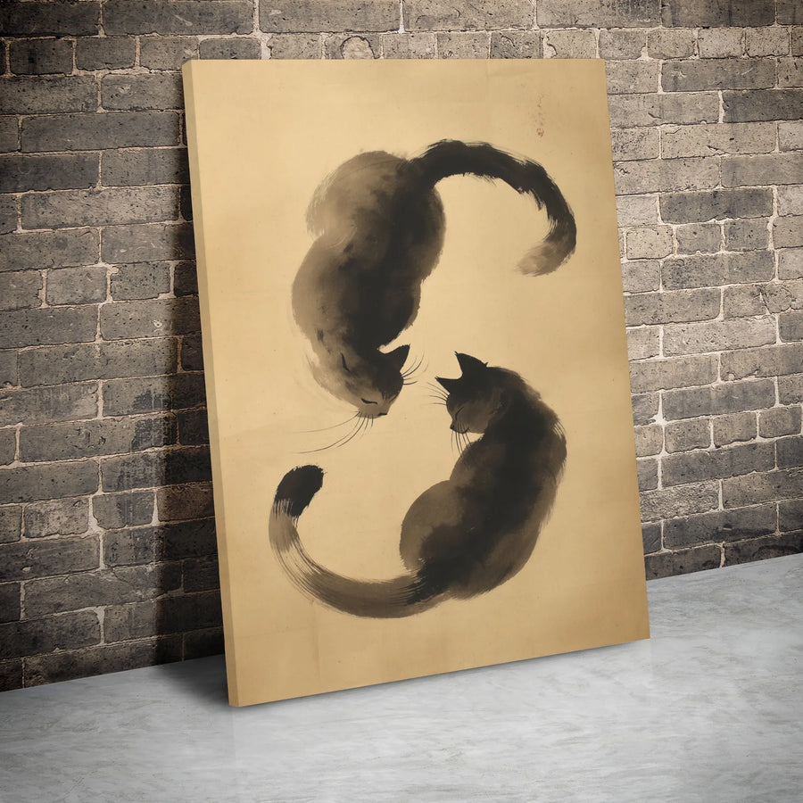 Yin Yang Black Cat Wall Art | Japanese Sumi-e Ink Wash Style | Premium Gallery-Wrapped Canvas | Zen Home Decor Gift for Cat Lovers
