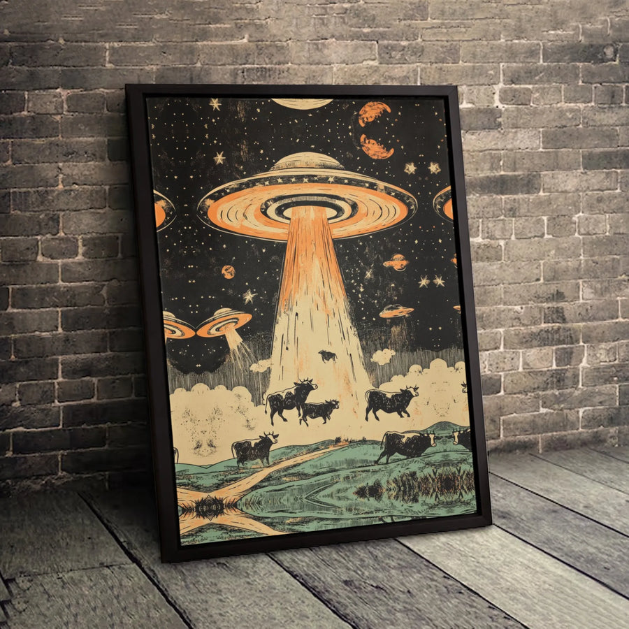 UFO Abducting Cows Canvas Wall Art | Vintage Sci-Fi Space Illustration | Gallery-Quality 1.25" Premium Print | Unique Gift for Alien and Sci-Fi Lovers