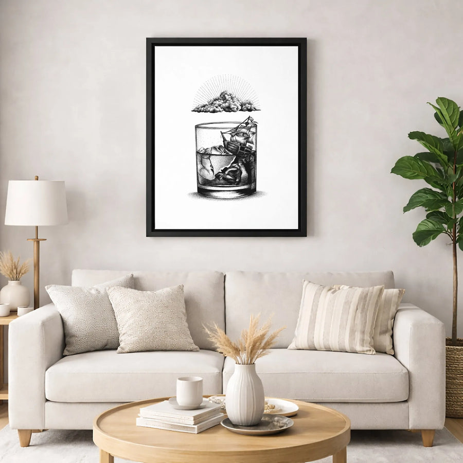 Sailing Ship in Whiskey Glass Canvas | Surreal Dotwork Wall Art | Premium Fade-Resistant Print | Unique Home Decor Gift for Him