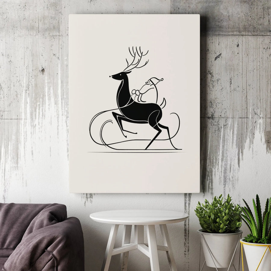 Minimalist Santa Reindeer Canvas Wall Art | Mid Century Line Drawing | Premium Gallery Wrapped Print | Modern Christmas Home Decor Gift
