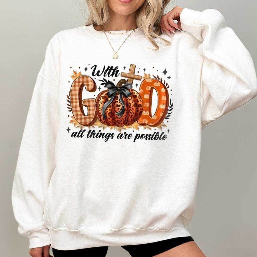 With God All Things Are Possible Sweatshirt | Christian Pumpkin Leopard Print | Premium Cotton Blend | Faith-Based Fall Gift for Women