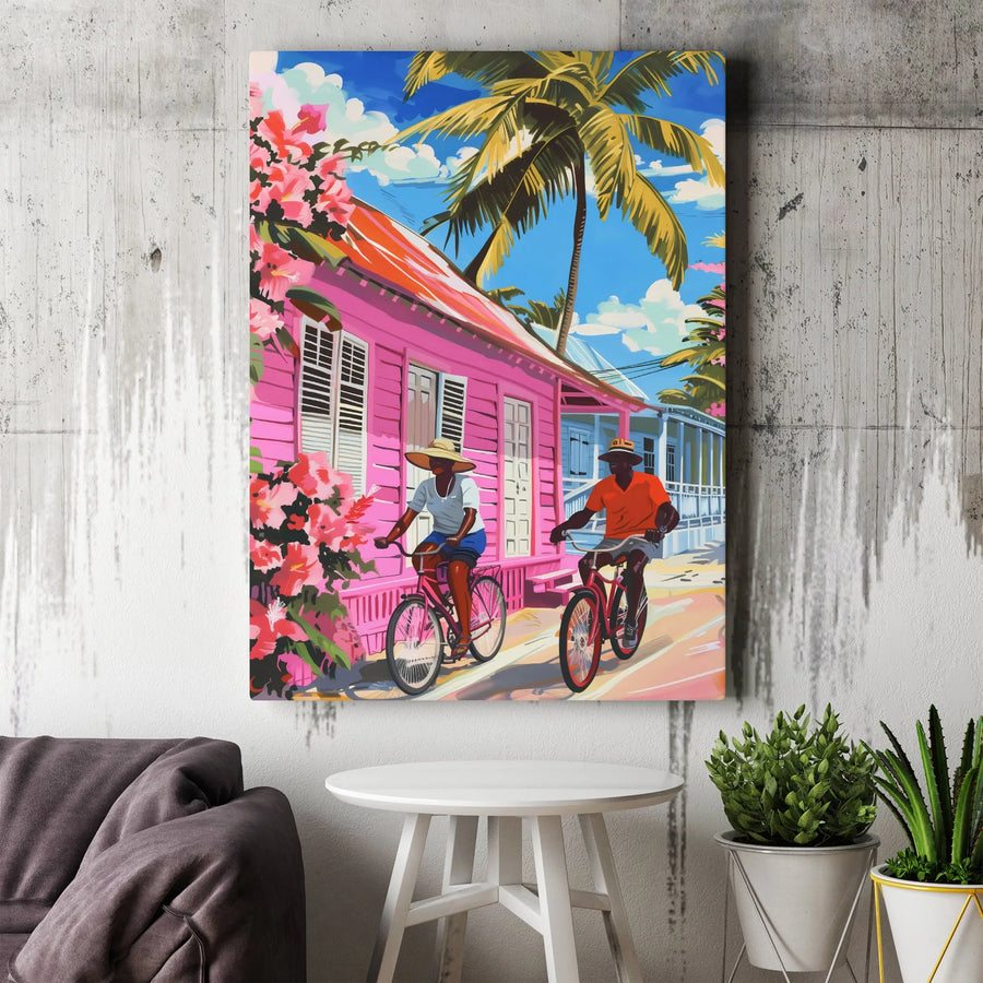 Caribbean Wall Art Vertical Canvas | Vibrant Pink House & Island Cyclists | Premium Gallery Wrapped Canvas | Tropical Living Room Decor Gift