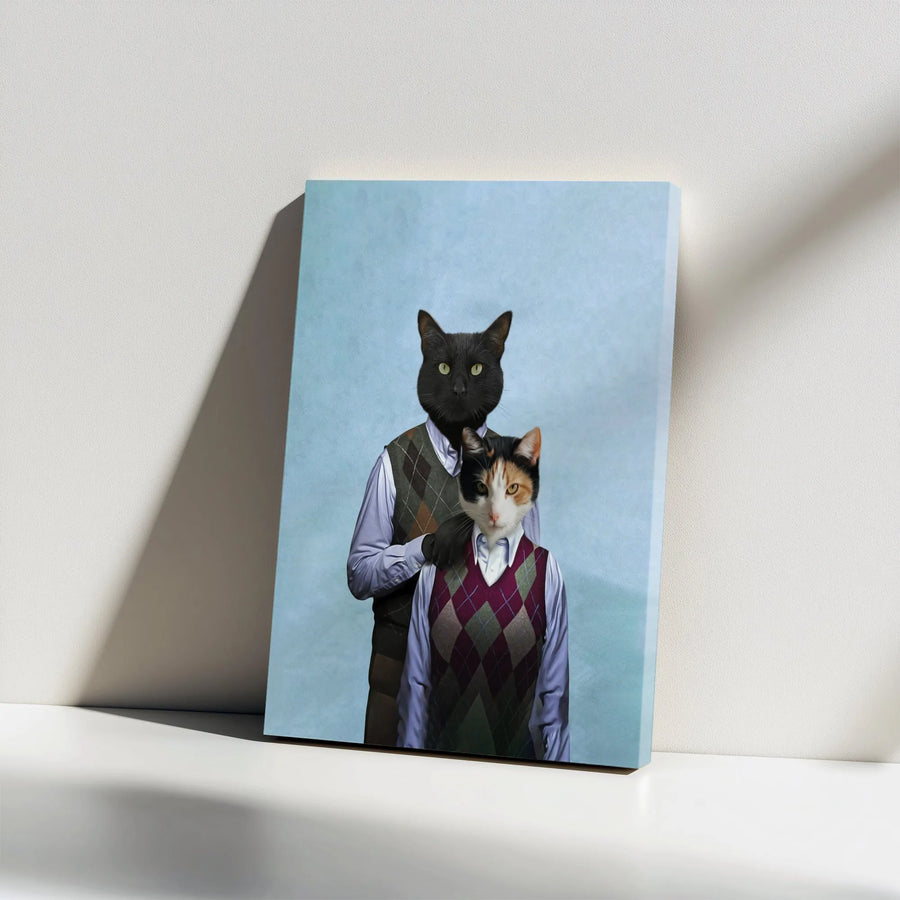 Anthropomorphic Cat Couple Canvas | Vintage Argyle Vest Portrait | Premium 1.25-inch Gallery Wrap | Unique Funny Pet Lover Gift