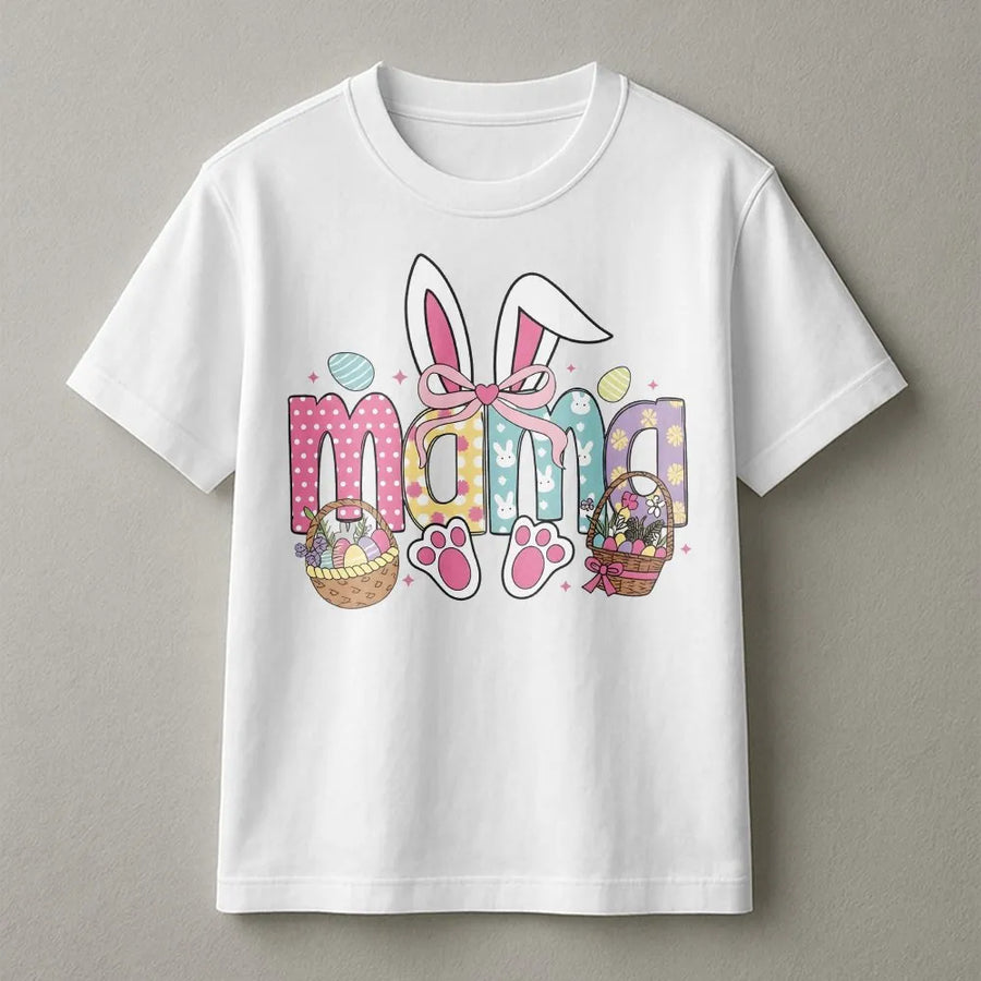 Easter Mama T-Shirt | Cute Bunny Ears and Basket Graphic | 100% Cotton Premium Tee | Gift for Mom and Spring Holiday Celebration