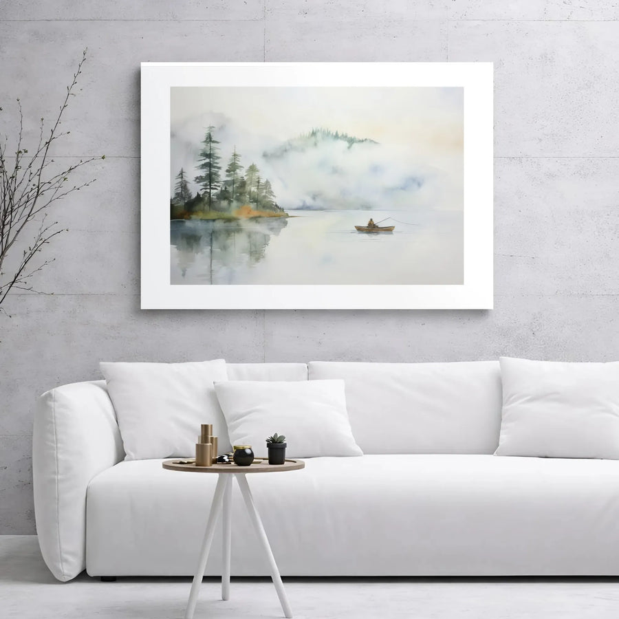 Misty Lake Landscape Canvas Print | Lone Fisherman Watercolor Painting | 1.25-Inch Gallery Wrap | Nature-Inspired Home Office Wall Art Gift